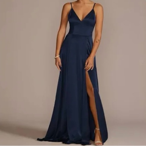 Galina Long V-Neck Spaghetti Strap Dress Marine (Navy) Blue NWT - Picture 1 of 7